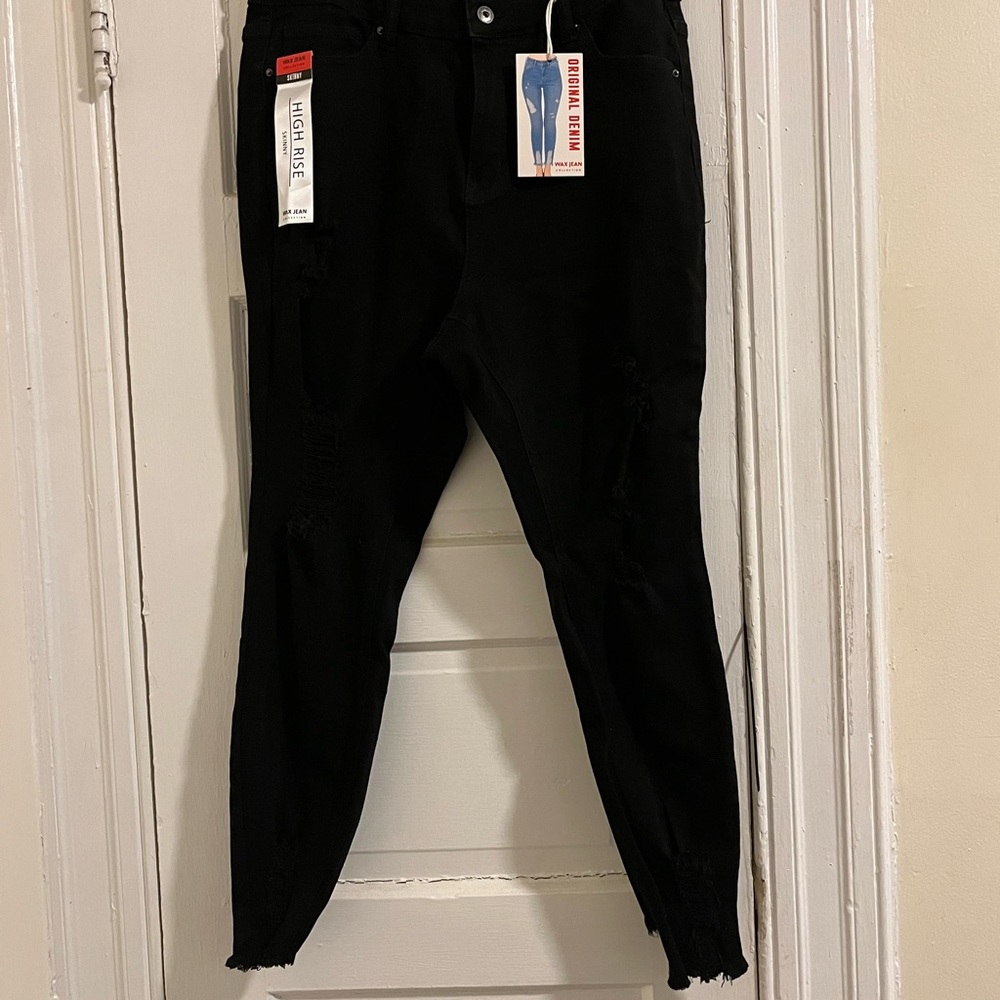 NWT Wax Jeans Plus Size 16 High Rise Black Distressed Skinny Jeans Comfy Knit